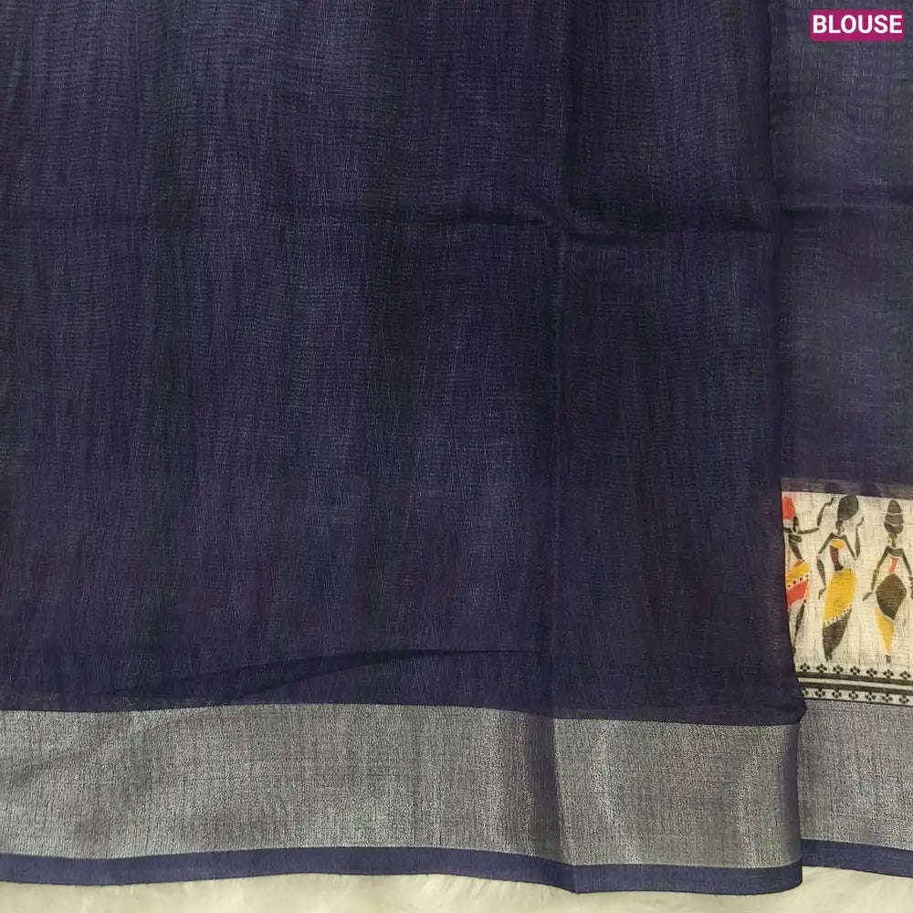 Dark Blue semi linen saree(thin& light weight) warli print& silver tissue on borders, warli printed pallu with tassels, plain running blouse with silver tissue borders. NS36