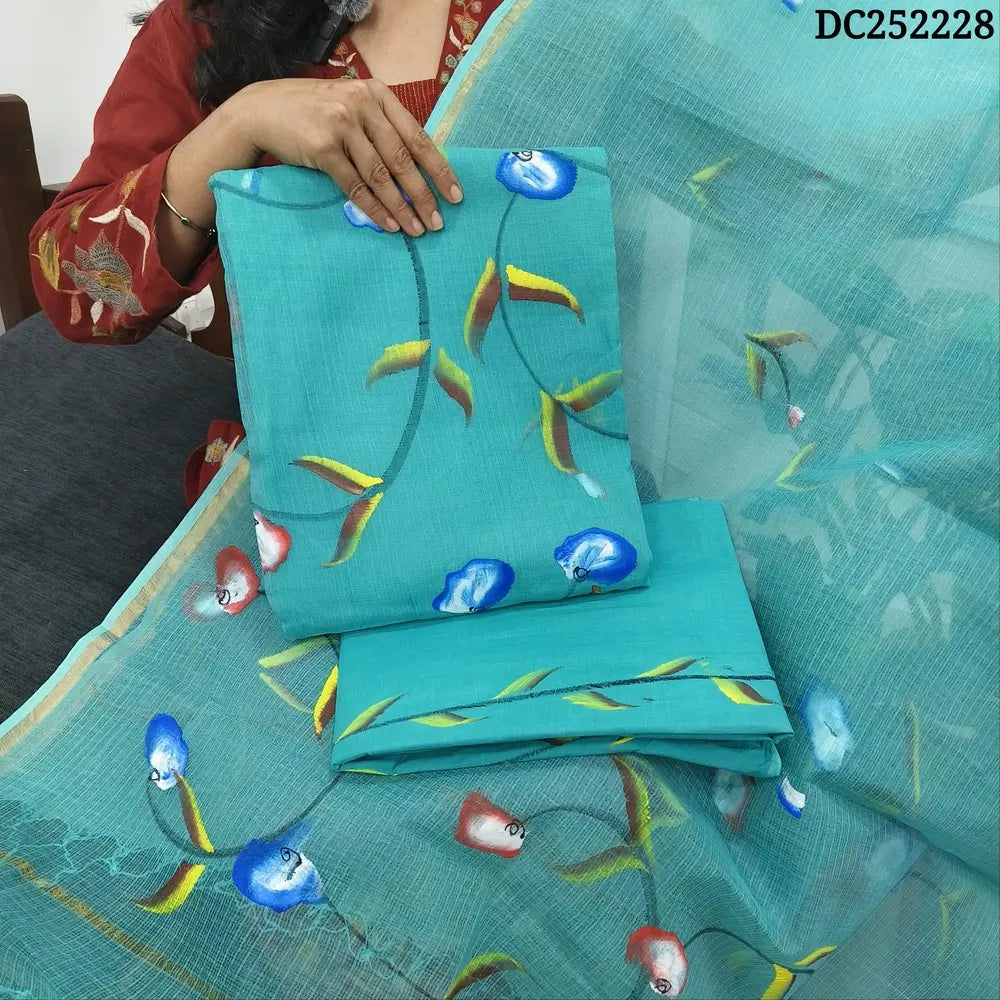 Turquoise Blue kota cotton hand brush painted unstitched salwar material (lining needed) matching lining provided, drum dyed cotton bottom, kota cotton dupatta. DC252228 (TAPING NEEDED, MISPRINT ARE OT DEFFECTS)
