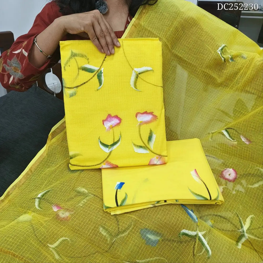 Bright Yellow kota cotton hand brush painted unstitched salwar material (lining needed) matching lining provided, drum dyed cotton bottom, kota cotton dupatta. DC252230 (TAPING NEEDED, MISPRINT ARE OT DEFFECTS)