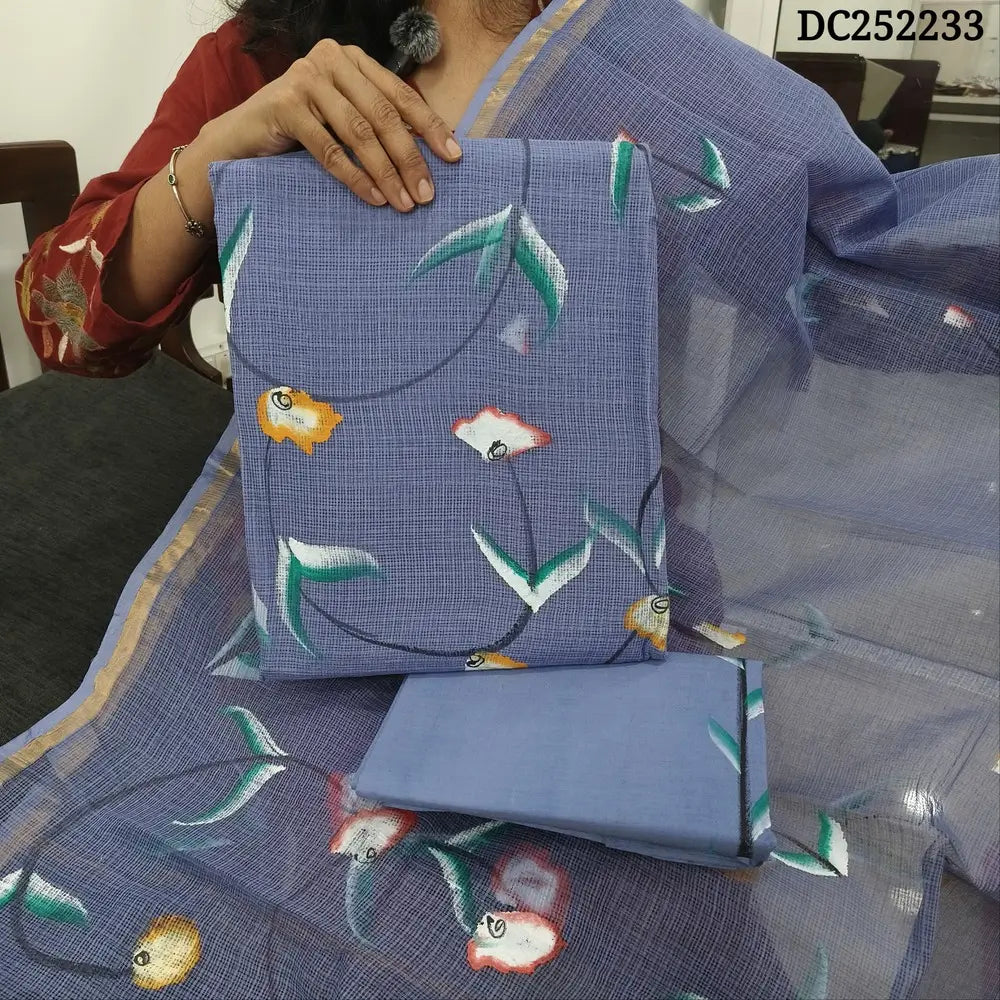 Blueish Grey kota cotton hand brush painted unstitched salwar material (lining needed) matching lining provided, drum dyed cotton bottom, kota cotton dupatta. DC252233 (TAPING NEEDED, MISPRINT ARE OT DEFFECTS)