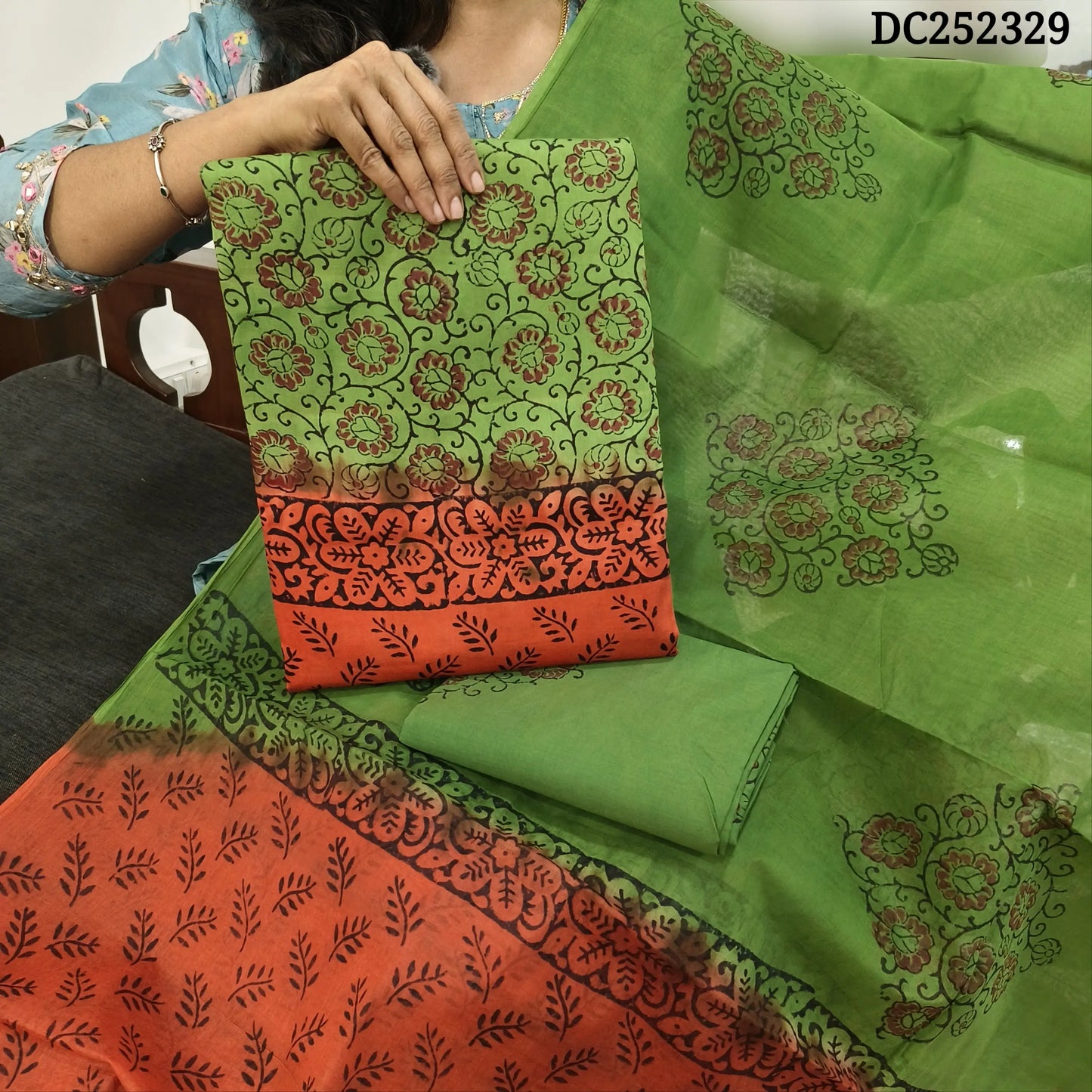 Light Green & Orange pure cotton unstitched salwar material (lining needed) hand block printed allover, printed cotton bottom, block printed dual shade dupatta. DC252329 (over lapping of prints not consider as a defect)