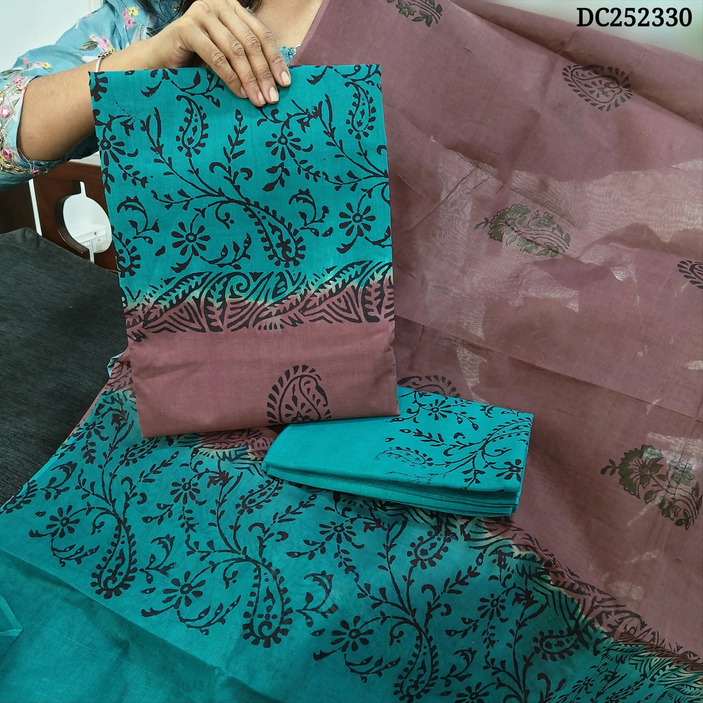 Brown & turquoise green pure cotton unstitched salwar material (lining needed) hand block printed allover, printed cotton bottom, block printed dual shade dupatta. DC252330 (over lapping of prints not consider as a defect)