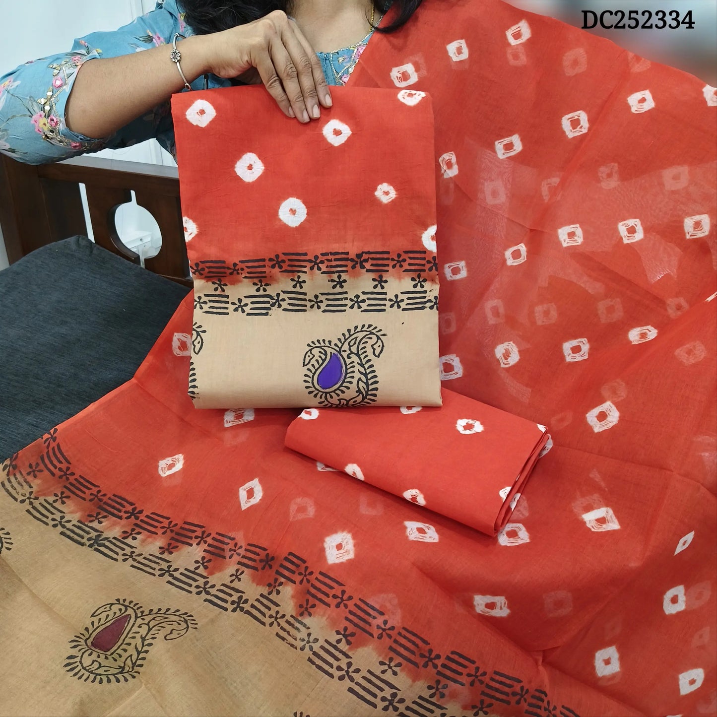 PREORDER SHIPPING IN 1 WEEK Orange & Beige pure cotton unstitched salwar material (lining needed) hand block printed allover, panel design, printed cotton bottom, block printed dual shade dupatta. DC252334 (over lapping of prints not consider as a defect