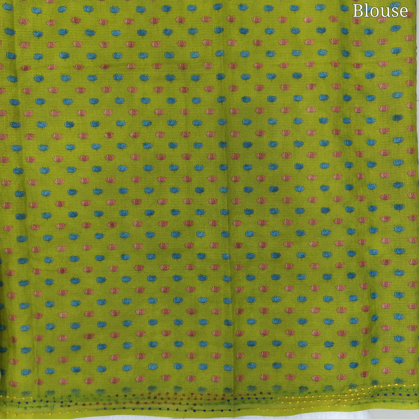 Mehandhi Green Premium kota silk saree (lightweight, thin, soft) colorful floral prints highlighted with hand embroidery work, rich pallu. Digital printed kota silk blouse. NS50