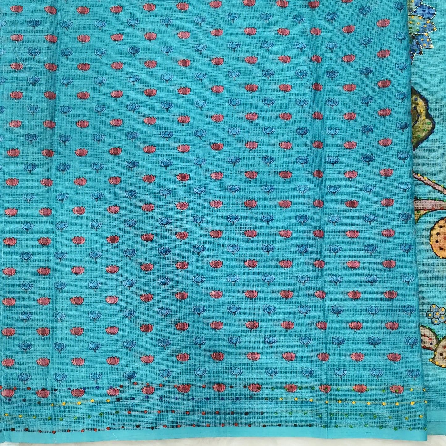Turquoise Blue Premium kota silk saree (lightweight, thin, soft) colorful floral prints highlighted with hand embroidery work, rich pallu. Digital printed kota silk blouse. NS53