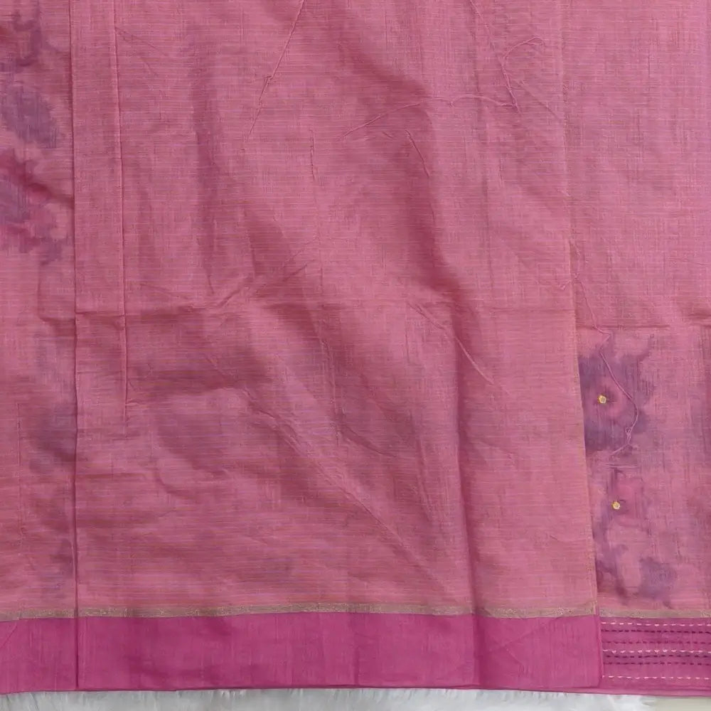 Pink printed soft silk cotton saree (lightweight, thin, soft) double side borders with kantha stitch detailing, printed pallu with thread embroidery and simple tassels, plain running blouse with borders. NS47