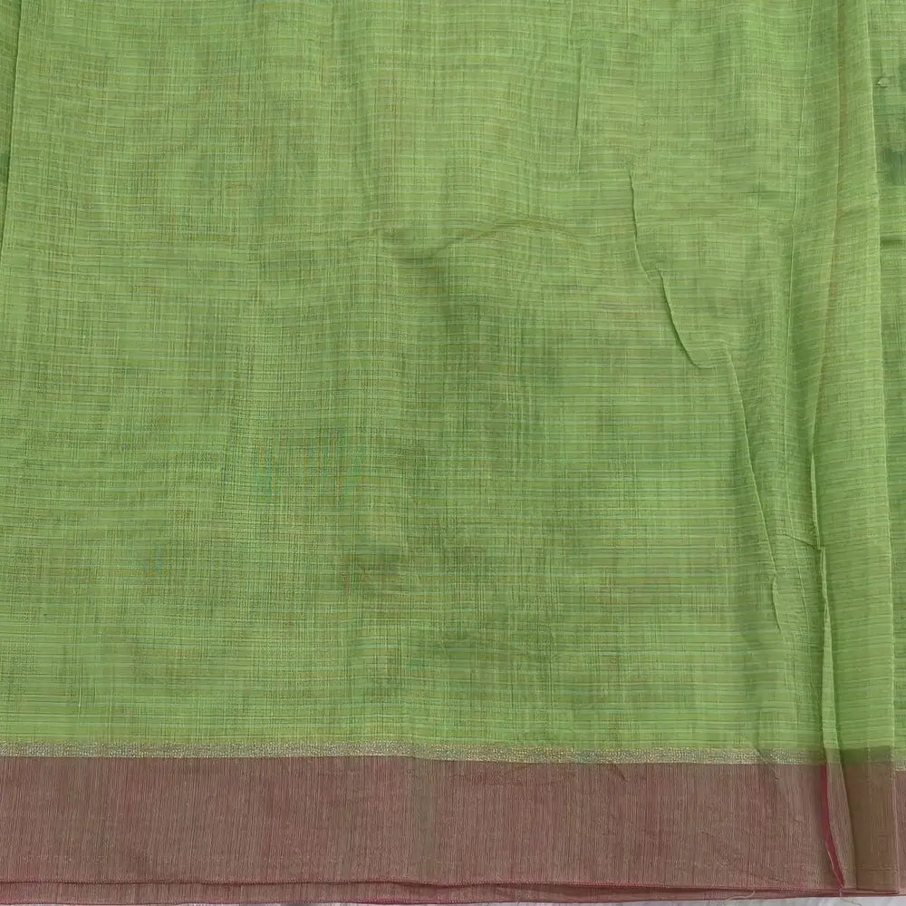 Pastel green with golden tint printed soft silk cotton saree (lightweight, thin, soft) double side borders with kantha stitch detailing, printed pallu with thread embroidery and simple tassels, plain running blouse with borders. NS51