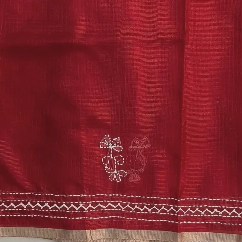 Bright red premium kota silk saree(soft, thin)with rich hand embroidery work all over,thin tissue borders,rich embroidered pallu,running blouse with embroidery and borders. NS289