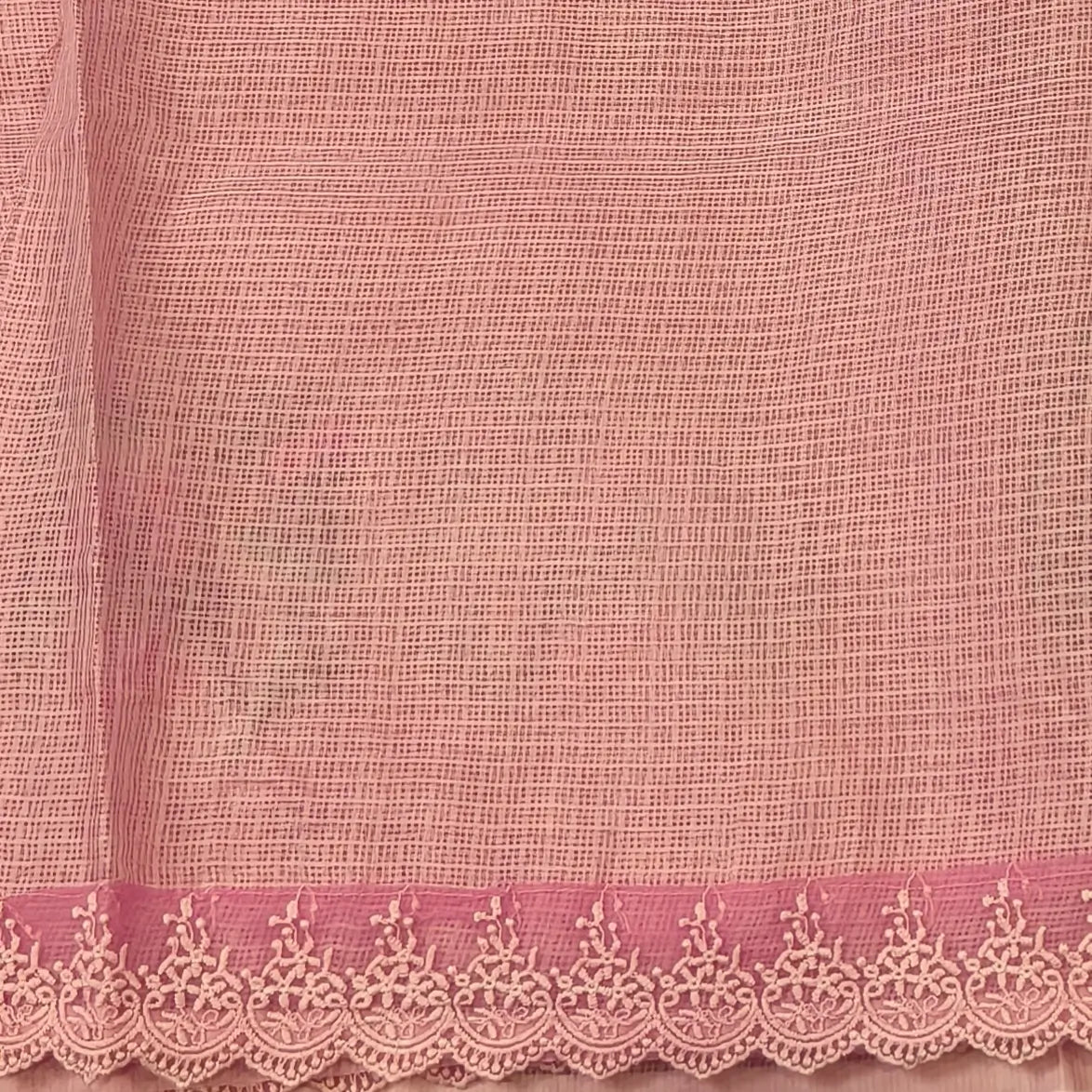 Pastel peach premium kota saree with embroidered bird and floral motifs all over (Thin, Lightweight) lace tapings as borders, rich embroidered pallu, plain running blouse. NS306