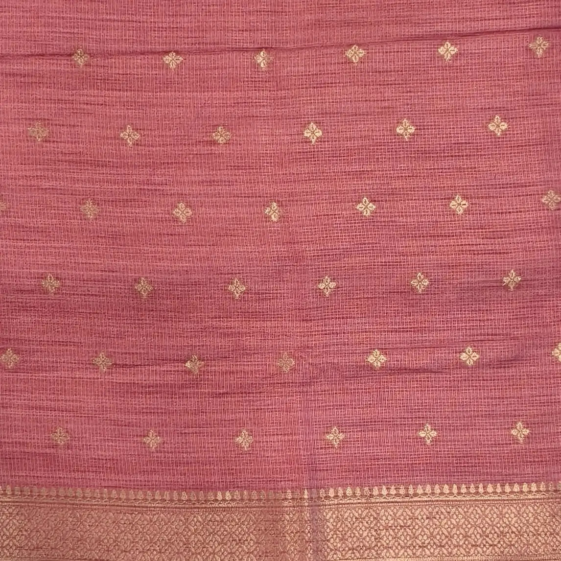 Onion pink premium ribbed silk saree(textured,thin)with silver and antique gold zari,weaving all over,antique gold zari woven pallu,running blouse with zari woven buttas and borders. NS254
