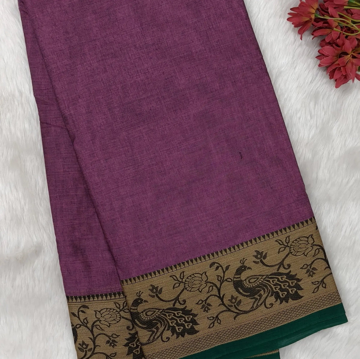 Dark mauve mercerised handloom cotton saree with thread woven peacock double side borders(thin, soft)running pallu and running blouse. NS363