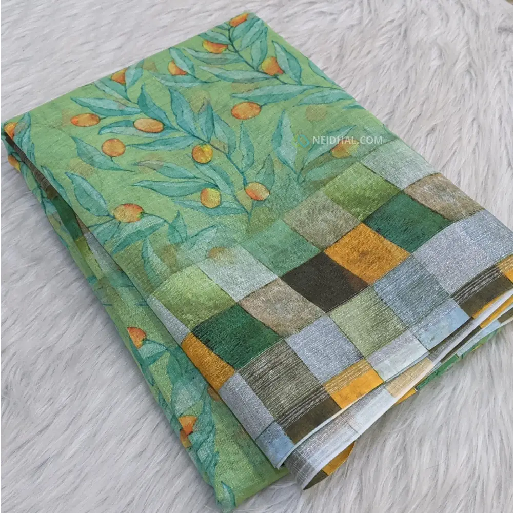 CODE WS860: Pastel green fancy linen saree(thin and light weight) with floral prints all over checkered printed