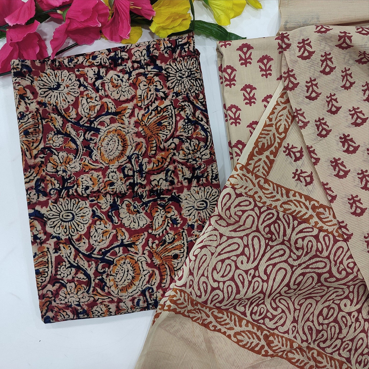 Reddish maroon kalamkari printed cotton salwar material-Neidhal