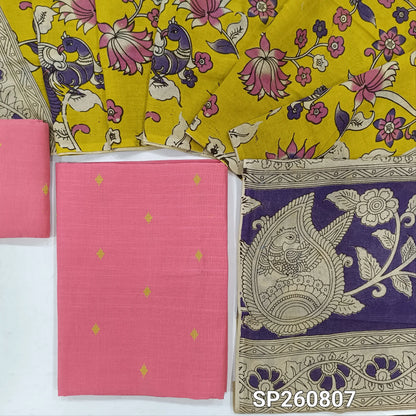 Pastel pink premium handloom cotton unstitched salwar material, thread weaving all over, thread woven handloom cotton bottom. handblock printed mul cotton dupatta. SP260807