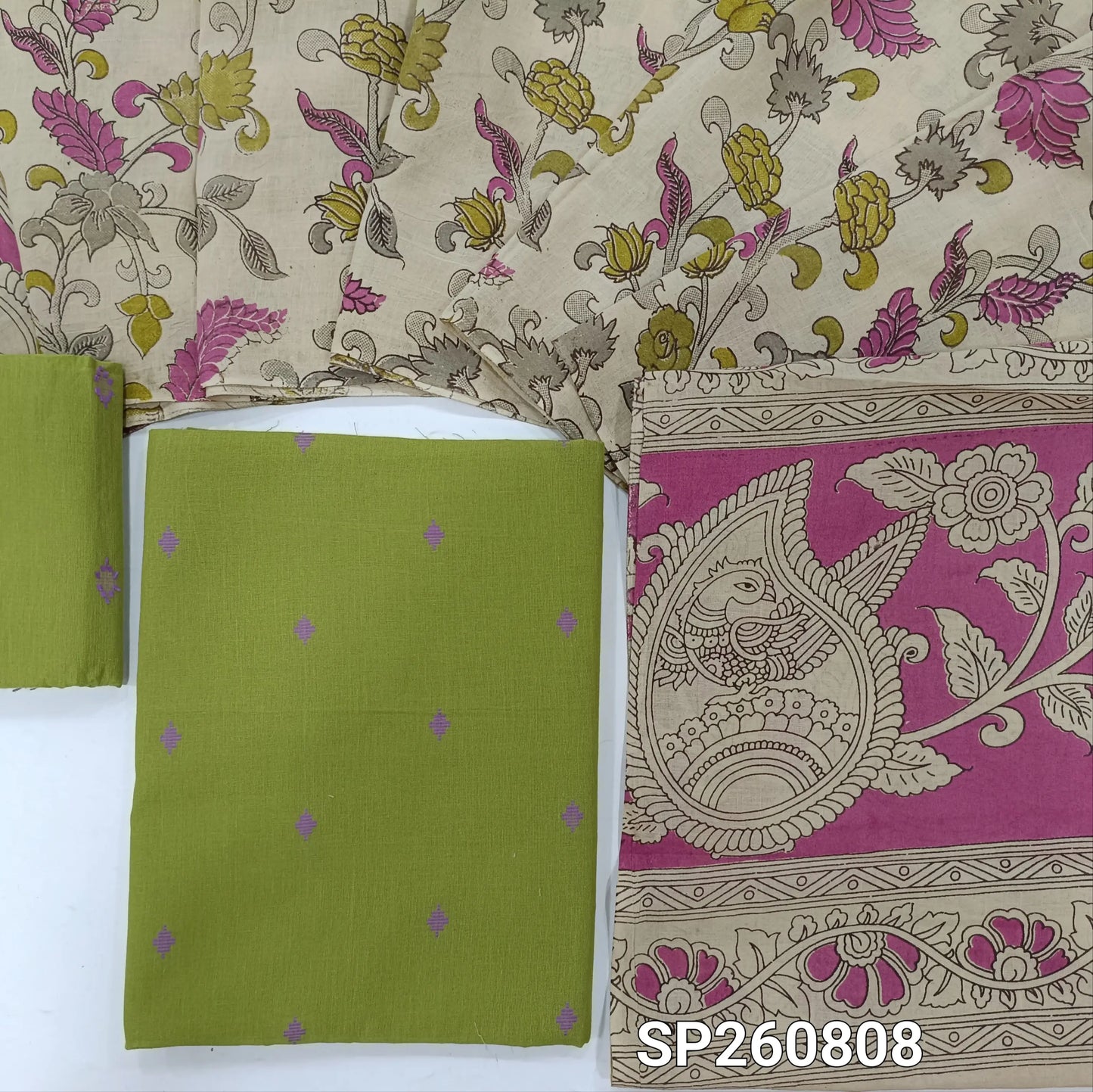 Green premium handloom cotton unstitched salwar material, thread weaving all over, thread woven handloom cotton bottom. handblock printed mul cotton dupatta. SP260808