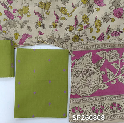 Green premium handloom cotton unstitched salwar material, thread weaving all over, thread woven handloom cotton bottom. handblock printed mul cotton dupatta. SP260808