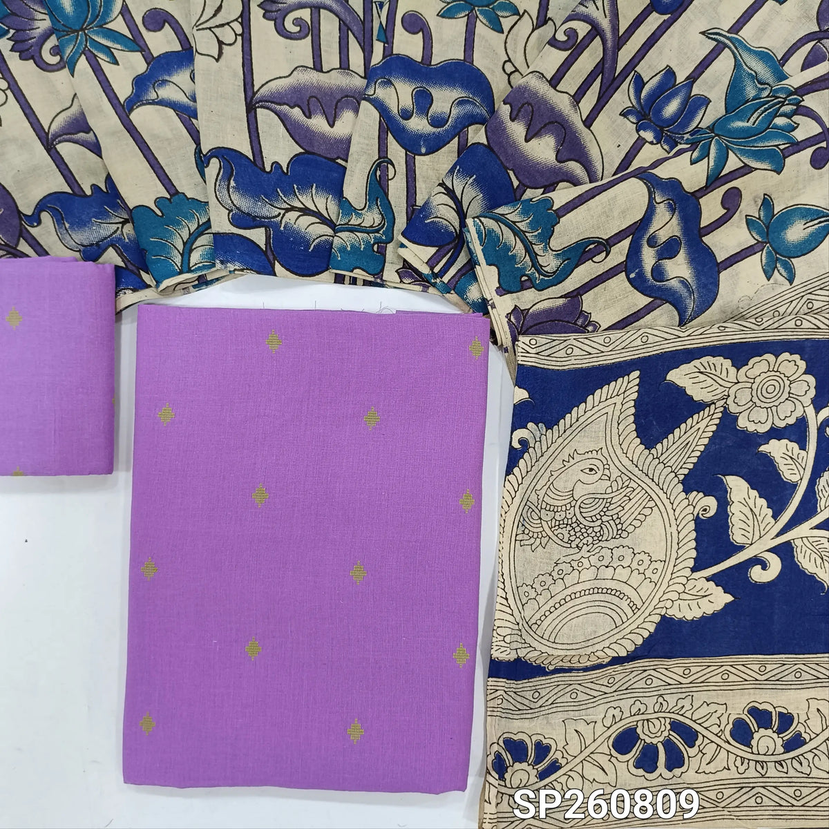 Purple premium handloom cotton unstitched salwar material, thread weaving all over, thread woven handloom cotton bottom. handblock printed mul cotton dupatta. SP260809