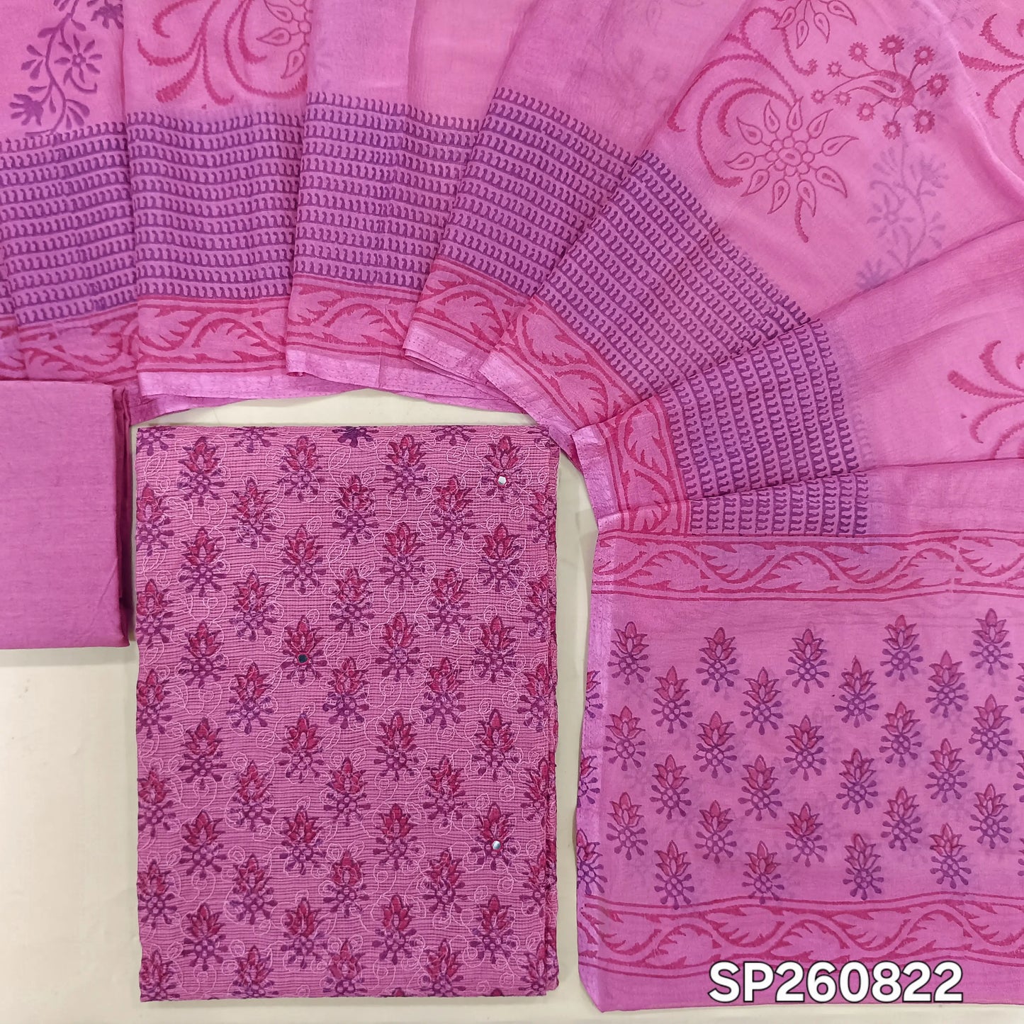 Pink premim kota unstitched salwar material, hand block prints and embroidery, faux mirror on front (hin, Lining Needed)matching drum dyed cotton lining, NO BOTTOM, hand block printed chiffon dupatta. SP260822
