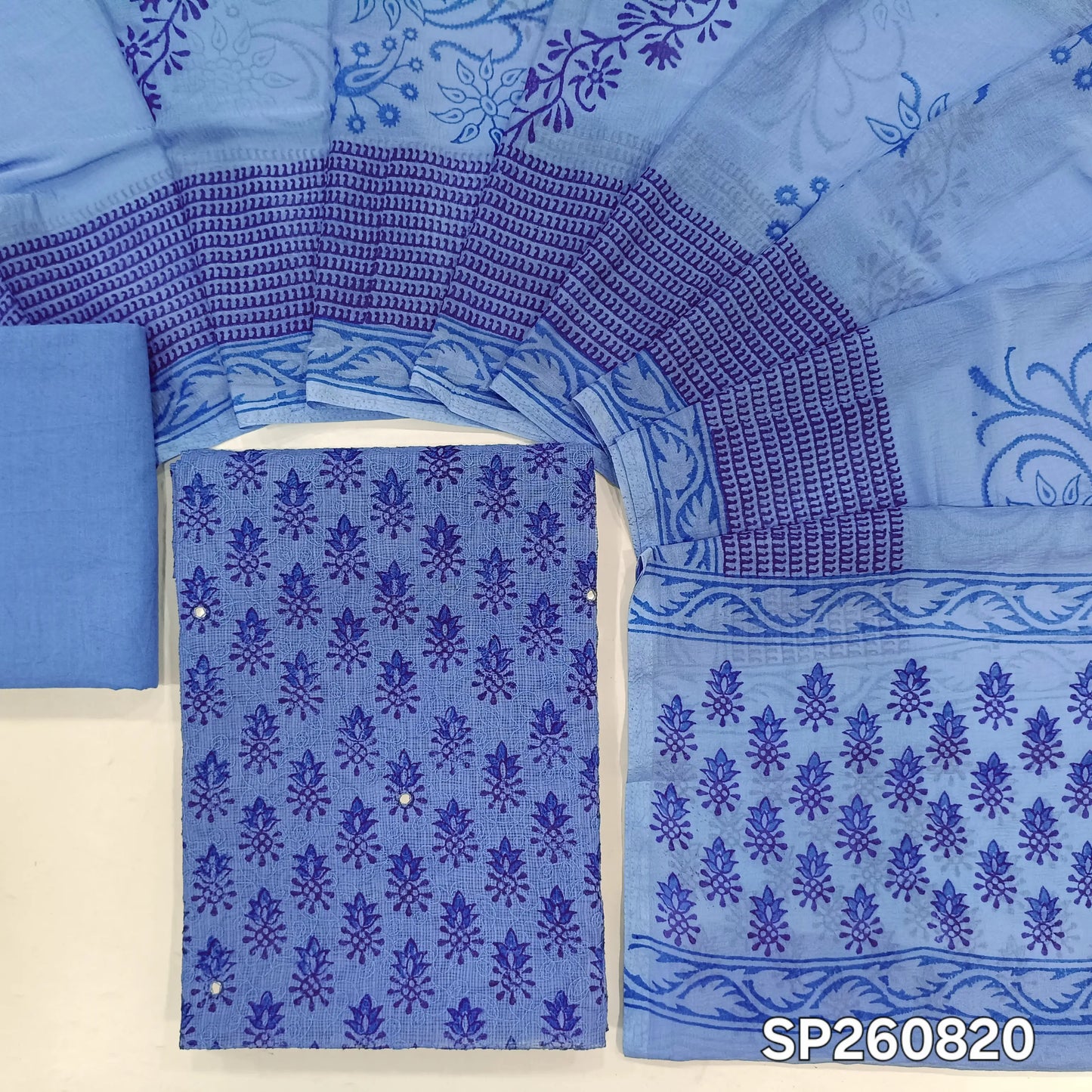 Blue premim kota unstitched salwar material, hand block prints and embroidery, faux mirror on front (hin, Lining Needed)matching drum dyed cotton lining, NO BOTTOM, hand block printed chiffon dupatta. SP260820