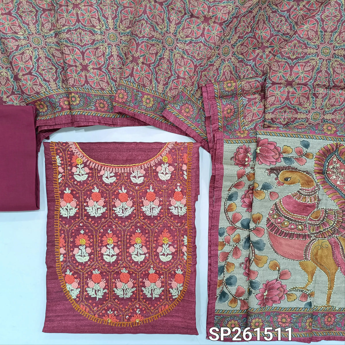 Dark beetroot purple designer tussar silk unstitched salwar material, hand embrodiery on yoke (Lightweight, Textured, Lining Needed)macthing santoon bottom, digital printed tussar silk dupatta with hand embroidery and sequins work. SP261511