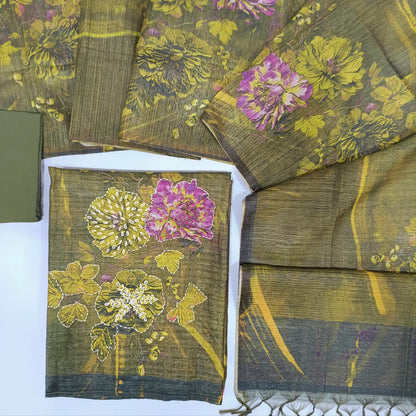 Olive green abstract printed premium tussar silk unstitched salwar material, hand embroidered on yoke(thin fabric, lining needed)rich daman, matching santoon bottom, floral printed premium tussar silk dupatta. ODE SP242502