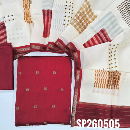 PREORER SHIPPING IN 15 DAYS Bright red designer pure katan silk dress material, antique gold zari buttas all over (Shiny, Silky, Lining Needed)silk bottom, digital printed katan silk dupatta with borders and zari strips on pallu. SP260505