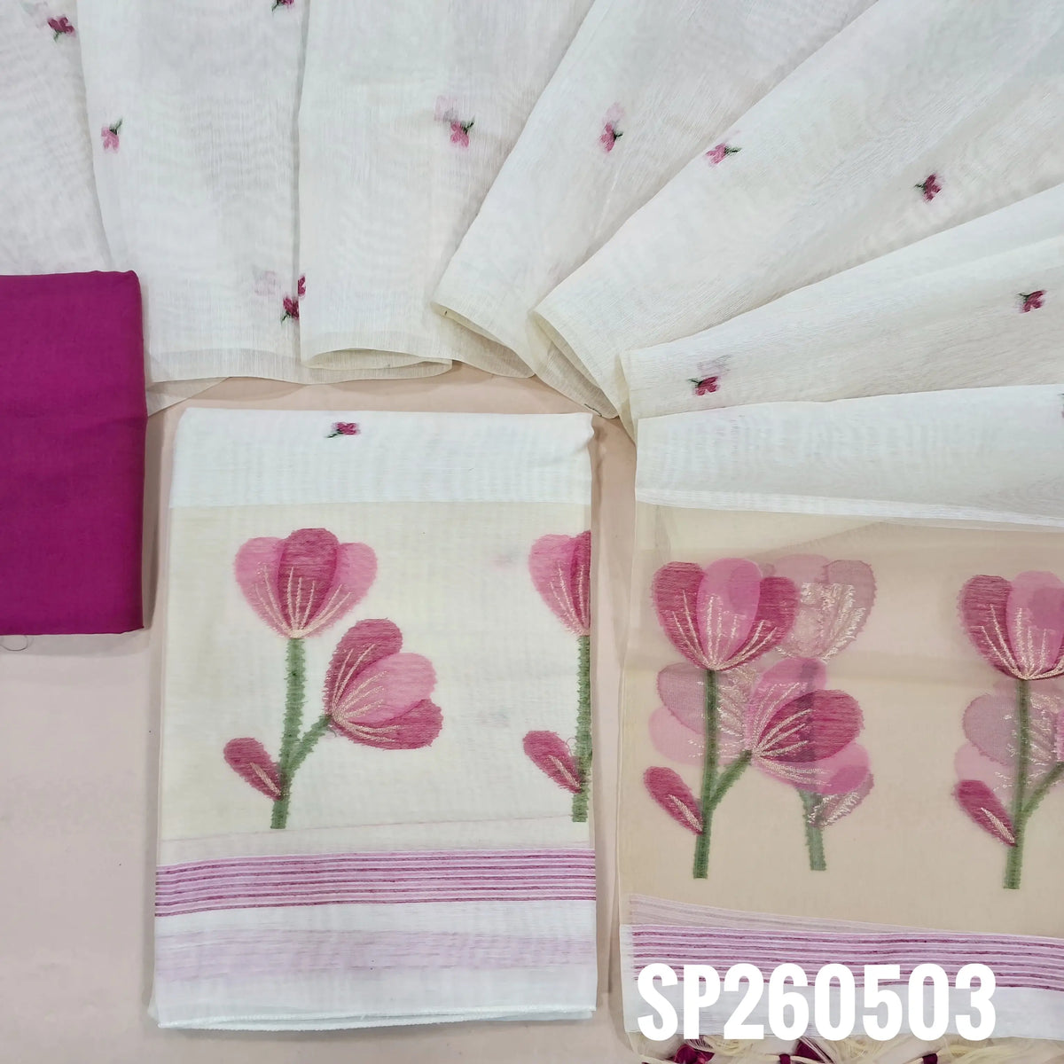 Off white designer silk cotton unstitched salwar material, jamdani weaving all over, organza daman with jamdani weaving (Thin, Lining Needed) Pink santoon bottom, jamdani woven silk cotton dupatta with organza pallu and tassels. SP260503