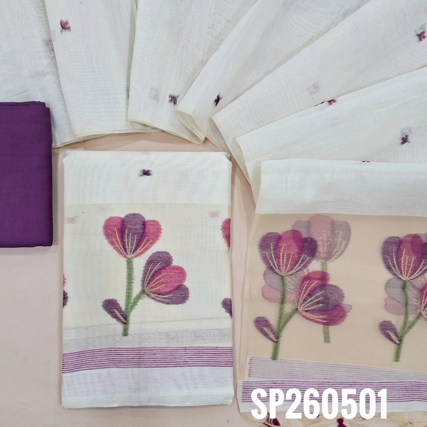 Off white designer silk cotton unstitched salwar material, jamdani weaving all over, organza daman with jamdani weaving (Thin, Lining Needed) Purple santoon bottom, jamdani woven silk cotton dupatta with organza pallu and tassels. SP260501