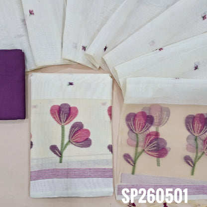 Off white designer silk cotton unstitched salwar material, jamdani weaving all over, organza daman with jamdani weaving (Thin, Lining Needed) Purple santoon bottom, jamdani woven silk cotton dupatta with organza pallu and tassels. SP260501