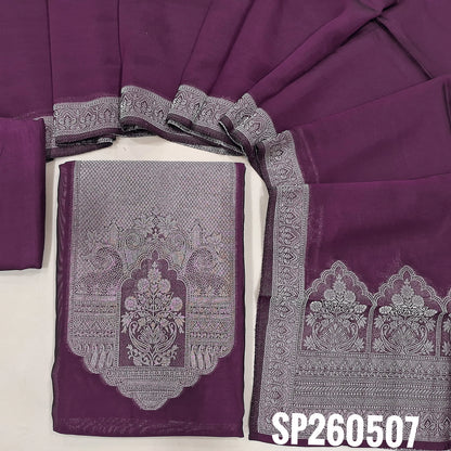 PREORDER SHIPPING IN 45 DAYS  Beetroot purple pure kora silk unstitched salwar material, rich gold zari weaving on yoke and daman (Thin, Lightweight, Lining Needed) Matching santoon bottom, kora silk dupatta with rich zari weaving on pallu. SP260510