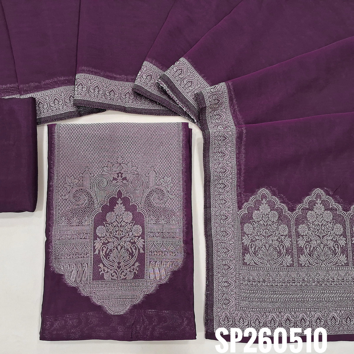 PREORDER SHIPPING IN 45 DAYS Dark purple pure kora silk unstitched salwar material, rich gold zari weaving on yoke and daman (Thin, Lightweight, Lining Needed) Matching santoon bottom, kora silk dupatta with rich zari weaving on pallu. SP260507