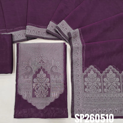 PREORDER SHIPPING IN 45 DAYS Dark purple pure kora silk unstitched salwar material, rich gold zari weaving on yoke and daman (Thin, Lightweight, Lining Needed) Matching santoon bottom, kora silk dupatta with rich zari weaving on pallu. SP260507