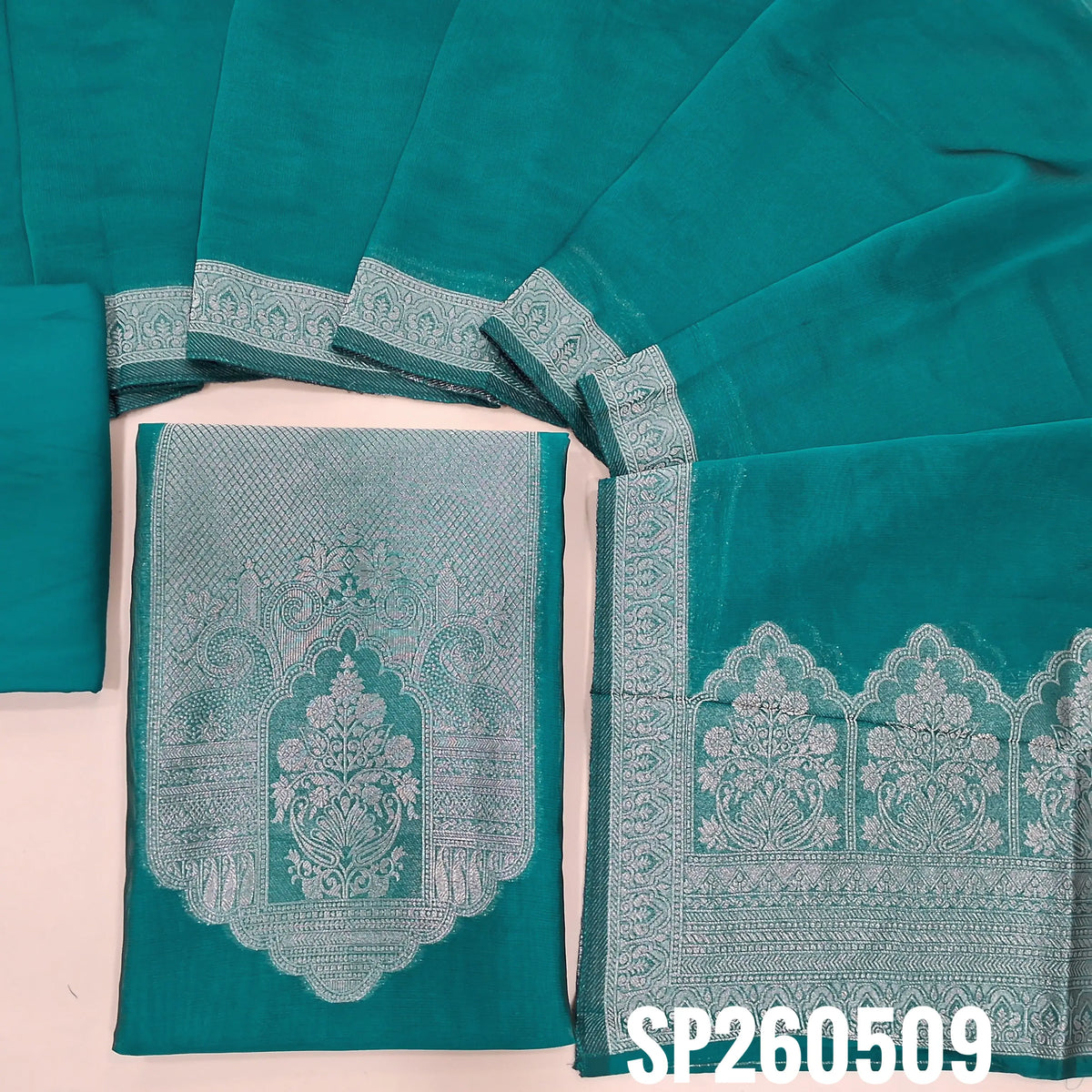 PREORDER SHIPPING IN 45 DAYS Peacock green pure kora silk unstitched salwar material, rich gold zari weaving on yoke and daman (Thin, Lightweight, Lining Needed) Matching santoon bottom, kora silk dupatta with rich zari weaving on pallu. SP260508