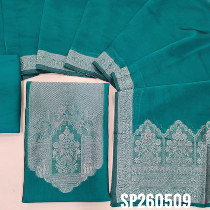 PREORDER SHIPPING IN 45 DAYS Peacock green pure kora silk unstitched salwar material, rich gold zari weaving on yoke and daman (Thin, Lightweight, Lining Needed) Matching santoon bottom, kora silk dupatta with rich zari weaving on pallu. SP260508