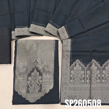 PREORDER SHIPPING IN 45 DAYS Black pure kora silk unstitched salwar material, rich gold zari weaving on yoke and daman (Thin, Lightweight, Lining Needed) Matching santoon bottom, kora silk dupatta with rich zari weaving on pallu. SP260509