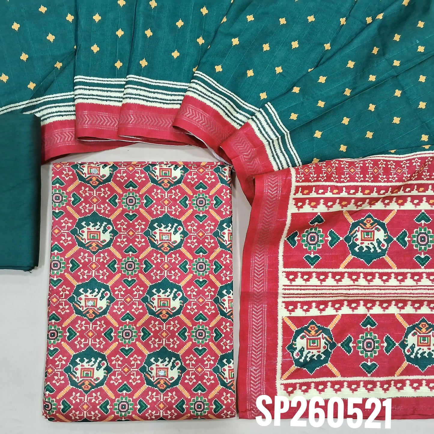 Pink and green patola printed semi tussar unstitched salwar material (Silky, Lining Needed)matching silky bottom, patola printed semi tussar dupatta. SP260521