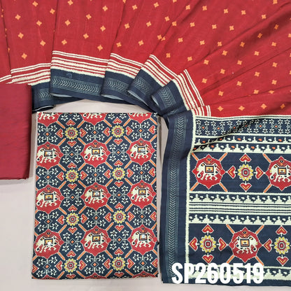 Black and red patola printed semi tussar unstitched salwar material (Silky, Lining Needed)matching silky bottom, patola printed semi tussar dupatta. SP260519