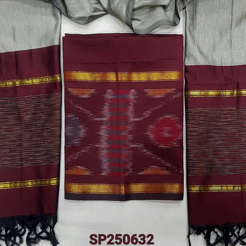 PREORDER SHIPPING IN 1 WEEK Dark Maroon silk cotton unstitched salwar material, thread woven design on daman(lining needed)light grey silk cotton bottom, dual shaded silk cotton dupatta. CODE SP250632