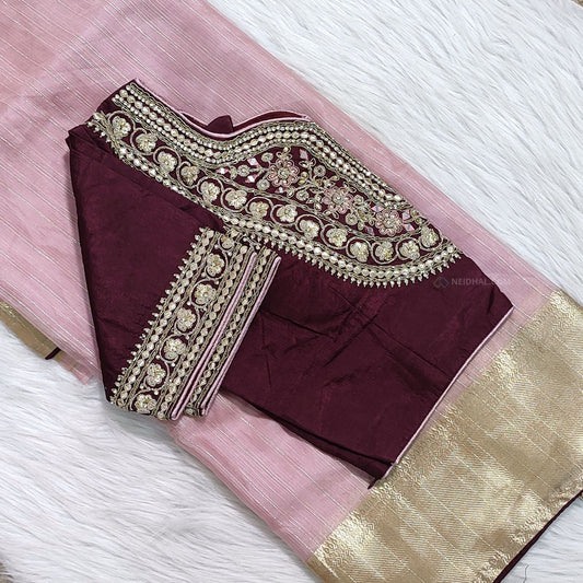 CODE WS1205 :  Paste pink tissue organza saree(thin and lightweight) Designer readymade blouse(height: 16inches, arm hole-to-arm hole:19inches, fits upto size 40,L size, can be altered to smaller sizes) READ FULL DESCRIPTION BELOW