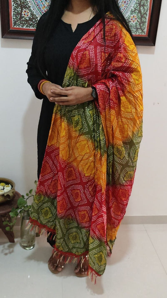 CODE DUP5 : Vibrant digital printed fancy silk cotton crinkled dupatta with fancy tassels.