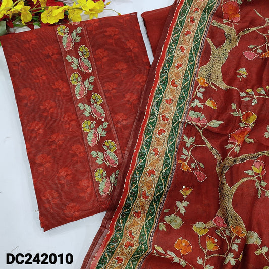 CODE DC242010 : Reddish maroon sobar digital printed silk cotton unstitched salwar material, kantha stitch on yoke(thin fabric, lining needed)matching santoon bottom, digital printed silk cotton dupatta with embroidered.