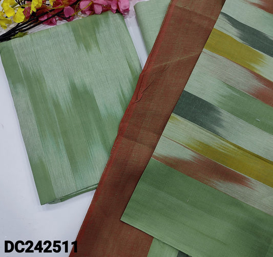 CODE DC242511 : Light &dark shaded pastel green south handloom cotton unstitched salwar material, ikat design all over(lining needed)matching south handloom cotton bottom, south handloom cotton dupatta with ikat woven design.