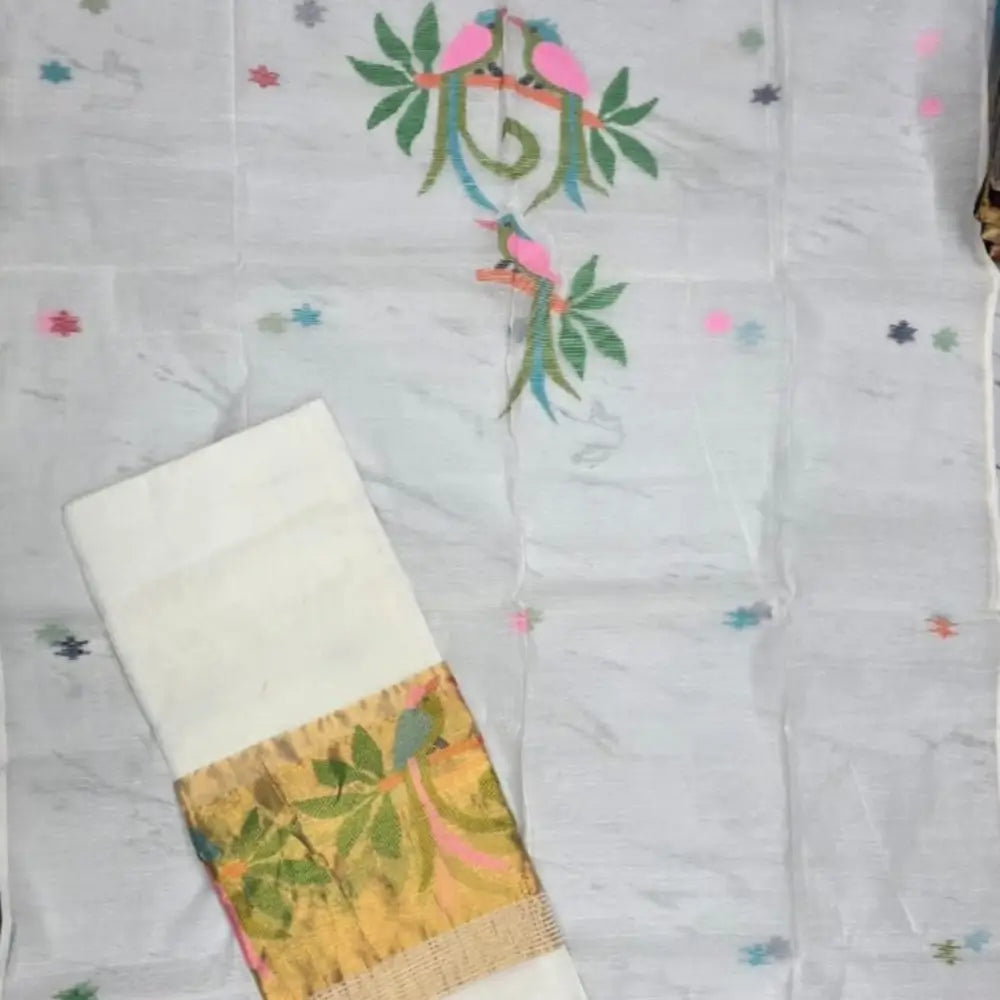 PREORDER: SHIPPING AFTER 1 WEEK Half white muslin jamdani unstitched salwar material, thread weaving on yoke& front(thin, lining needed)NO BOTTOM, muslin jamdani full length dupatta with gold tissue pallu& paithani weaving. CODE SP250535