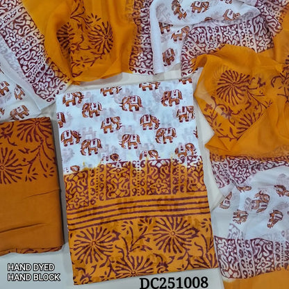White & Yellow premium georgette unstitched salwar material,(flowy, lining needed) hand block printed allover, printed santoon bottom, hand block printed dual shade chiffon dupatta. DC251008 (TAPING NEEDED)