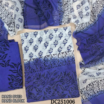 White & royal Blue premium georgette unstitched salwar material,(flowy, lining needed) hand block printed allover, printed santoon bottom, hand block printed dual shade chiffon dupatta. DC251006 (TAPING NEEDED)