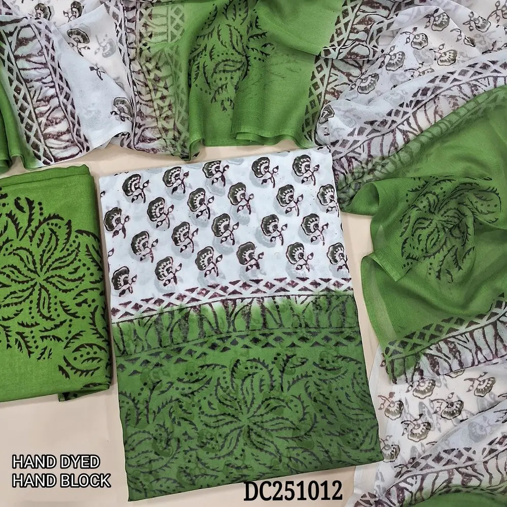 White & light Green premium georgette unstitched salwar material,(flowy, lining needed) hand block printed allover, printed santoon bottom, hand block printed dual shade chiffon dupatta. DC251012 (TAPING NEEDED)