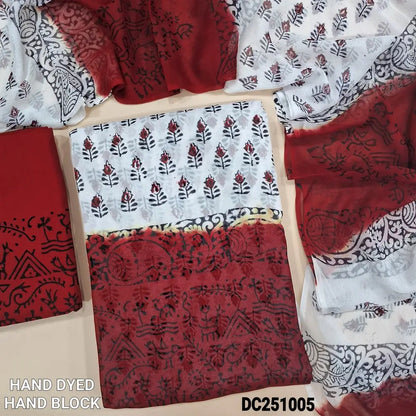 White & reddish maroon premium georgette unstitched salwar material,(flowy, lining needed) hand block printed allover, printed santoon bottom, hand block printed dual shade chiffon dupatta. DC251005 (TAPING NEEDED