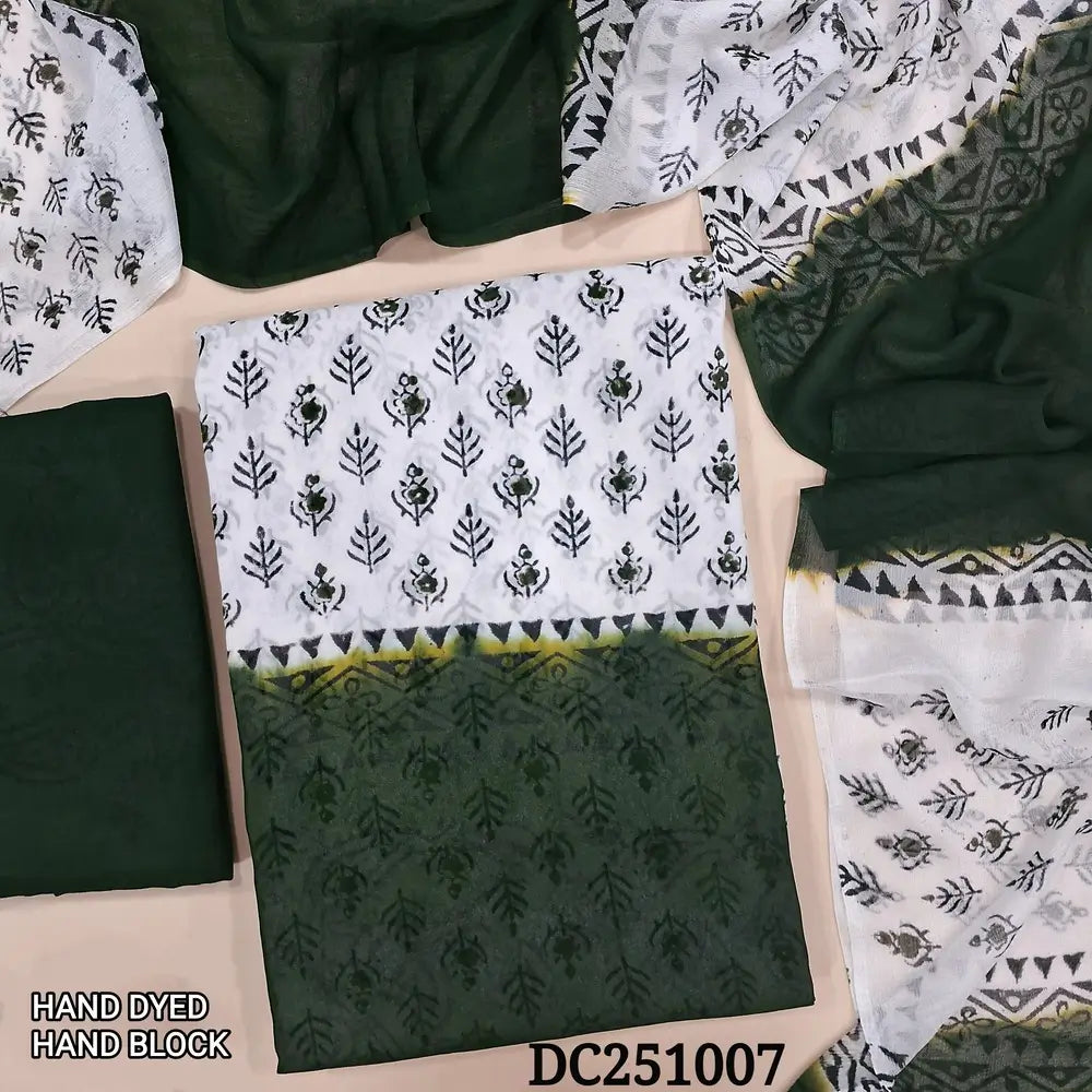 White & dark Green premium georgette unstitched salwar material,(flowy, lining needed) hand block printed allover, printed santoon bottom, hand block printed dual shade chiffon dupatta. DC251007 (TAPING NEEDED)
