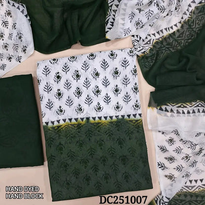 White & dark Green premium georgette unstitched salwar material,(flowy, lining needed) hand block printed allover, printed santoon bottom, hand block printed dual shade chiffon dupatta. DC251007 (TAPING NEEDED)