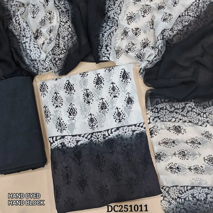 White & Black premium georgette unstitched salwar material,(flowy, lining needed) hand block printed allover, santoon bottom, hand block printed dual shade chiffon dupatta. DC251011 (TAPING NEEDED)
